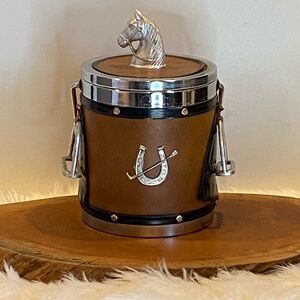 Vintage Equestrian Themed Ice Bucket Leather Metal Polo Country Club Bar Cart